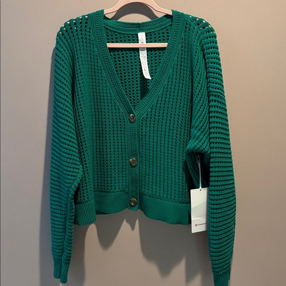 LULULEMON COTTON CROCHET MESH RELAXED FIT CARDIGAN IN RACEWAY GREEN SZ XL NWT - Picture 1 of 7